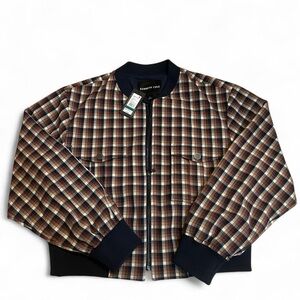 NWT Kenneth Cole women’s plaid cropped bomber jacket russet navy multi 🍂🔥🛍️